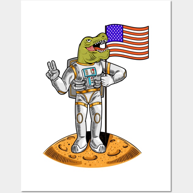 Astronaut T Rex Holding USA Flag Wall Art by Mako Design 